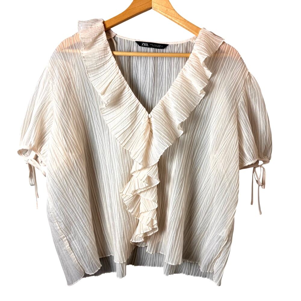 Zara Ruffle Gauze Top Womens XL Cream Sheer Romantic Fairy Boho Coquette Boxy